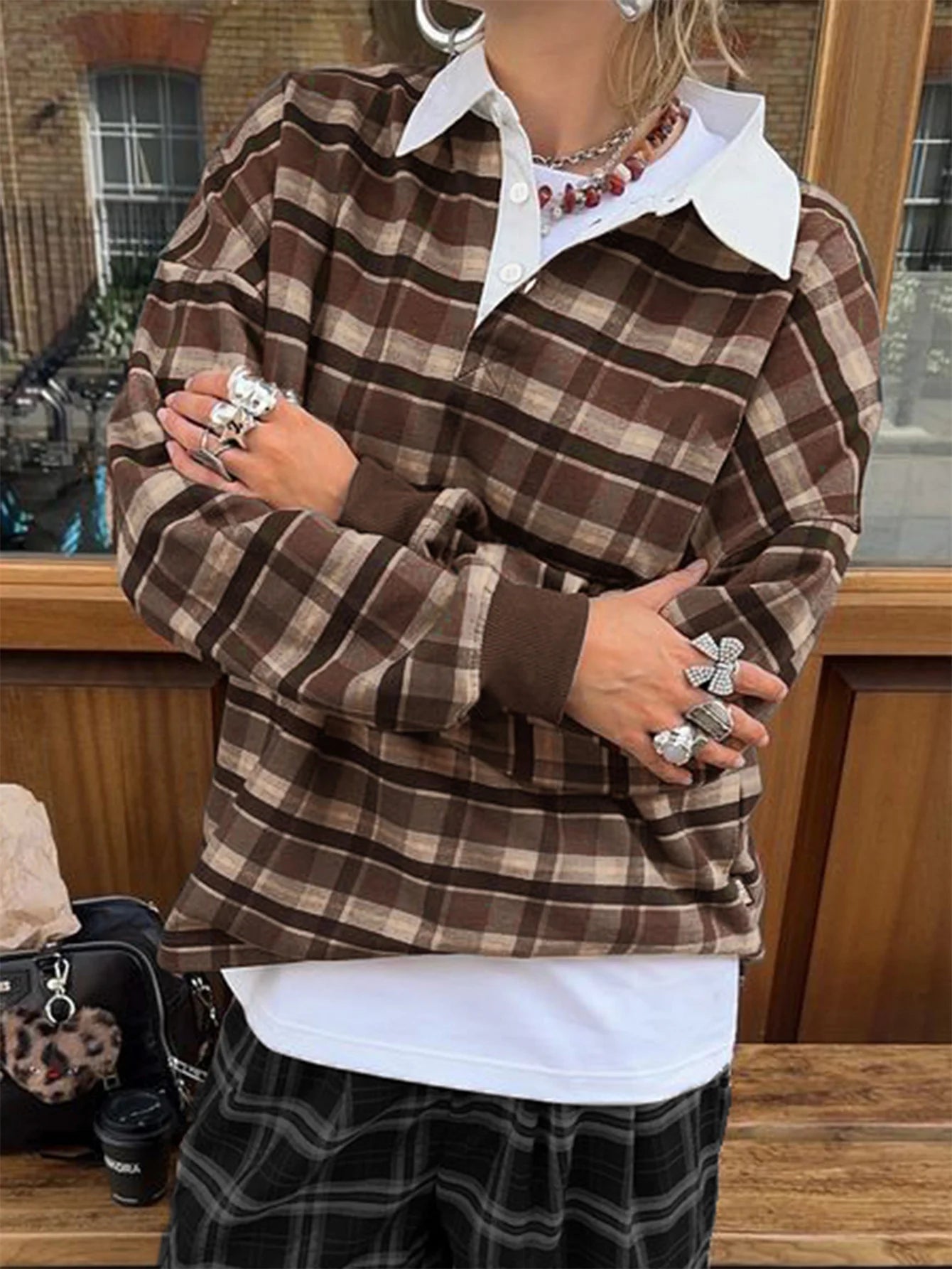 Retro Plaid Pullovers Turn-down Collar Loose Sweatshirts Brown