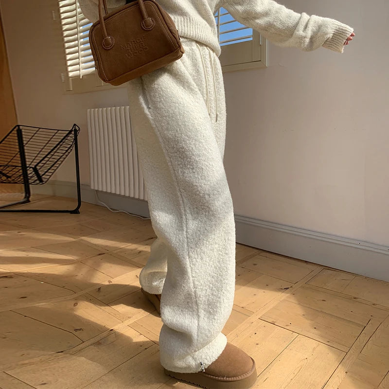 Loose Lamb Wool Trousers Drawstring Wide Leg Pants Pockets Bottoms