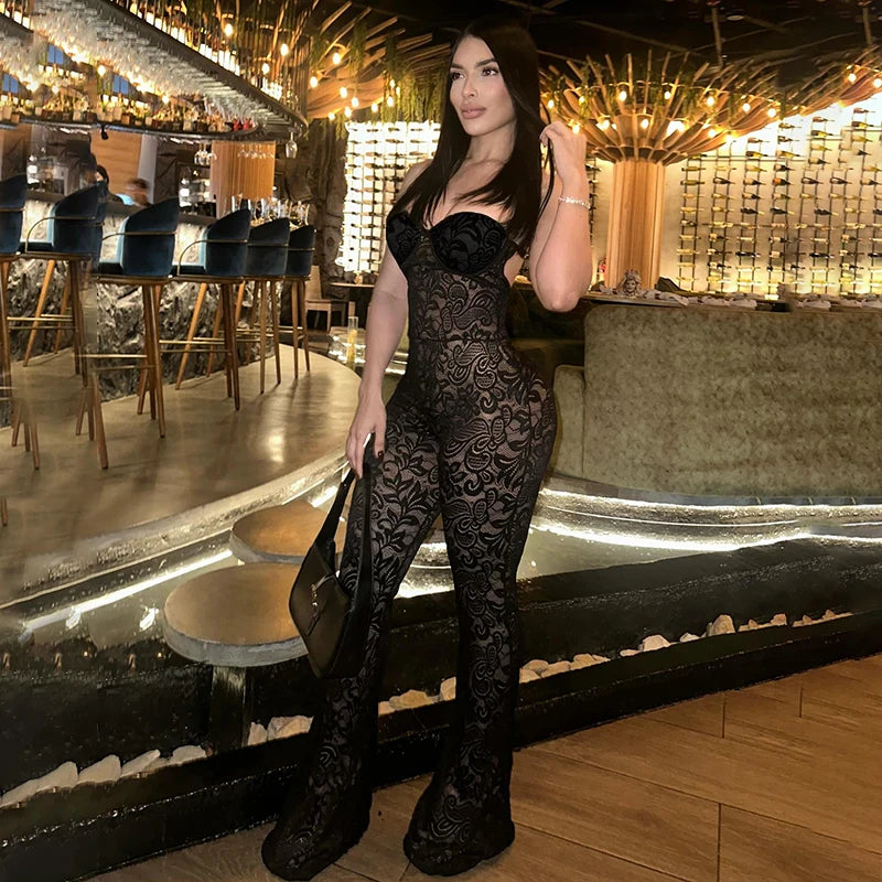 Lace Straple Big Backless See-Through Flare Jumpuit Jumpuit