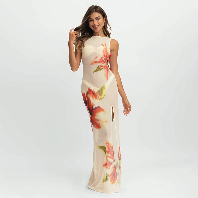 Apricot See Through Maxi Dress
