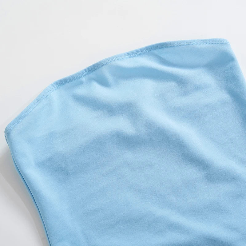 Soft Tender Slight Blue Strapless Wrap Mini Pleated Dress Pullover Charm Dating