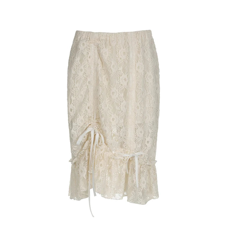 Shirring Long Skirts Knee-Length Lace Bottoms
