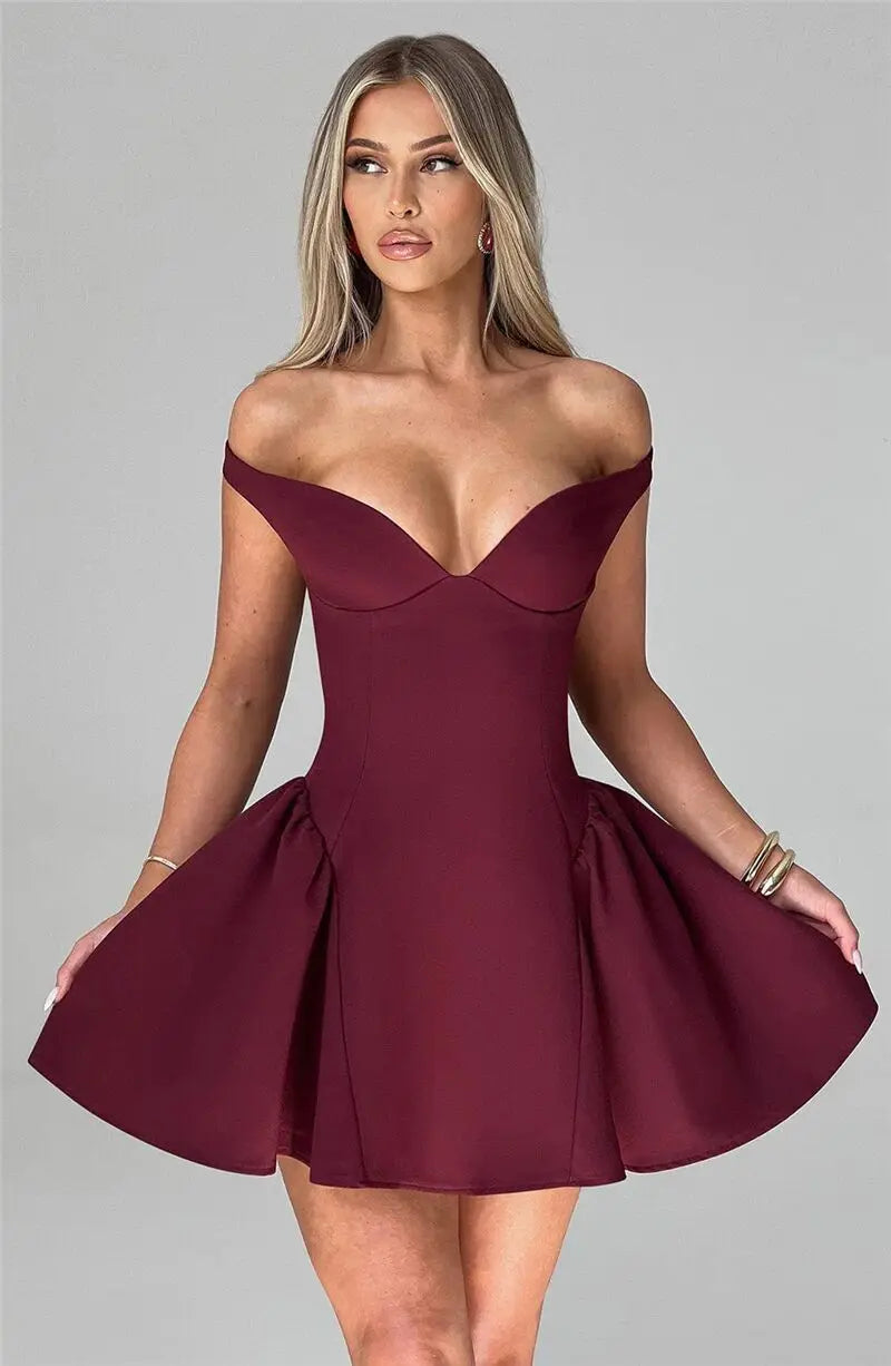 Off-shoulder Backless Mini Dress Wine Red Sleeveless Strapless High Waist A-line Dress