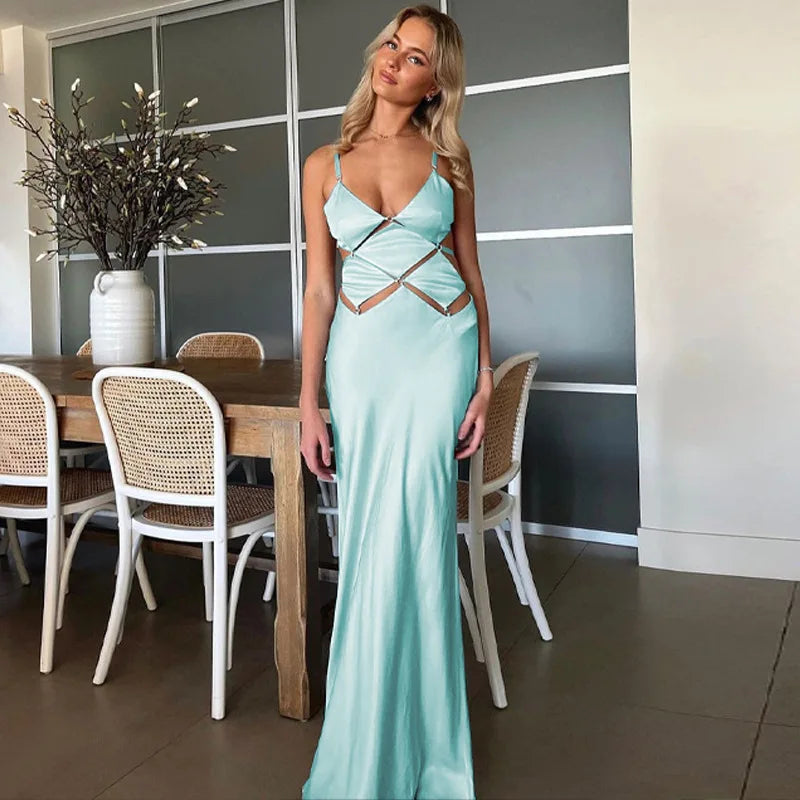 V Neck Hollow Out Backless Bodycon Maxi Dress