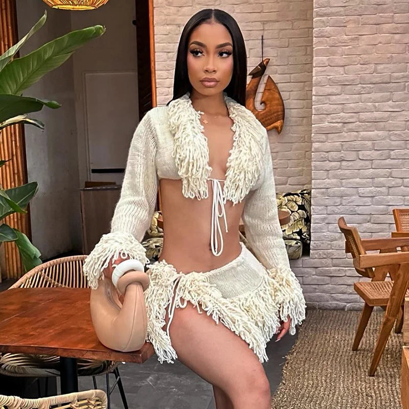 French Knit Set Tie Cardigan Long Sleeve Navel Top Mini Skirt Set Girl