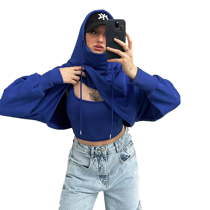 Thicken Drawtring Drawtring Hood Sweathirt Tank Top Long Sleeve Two Piece Set