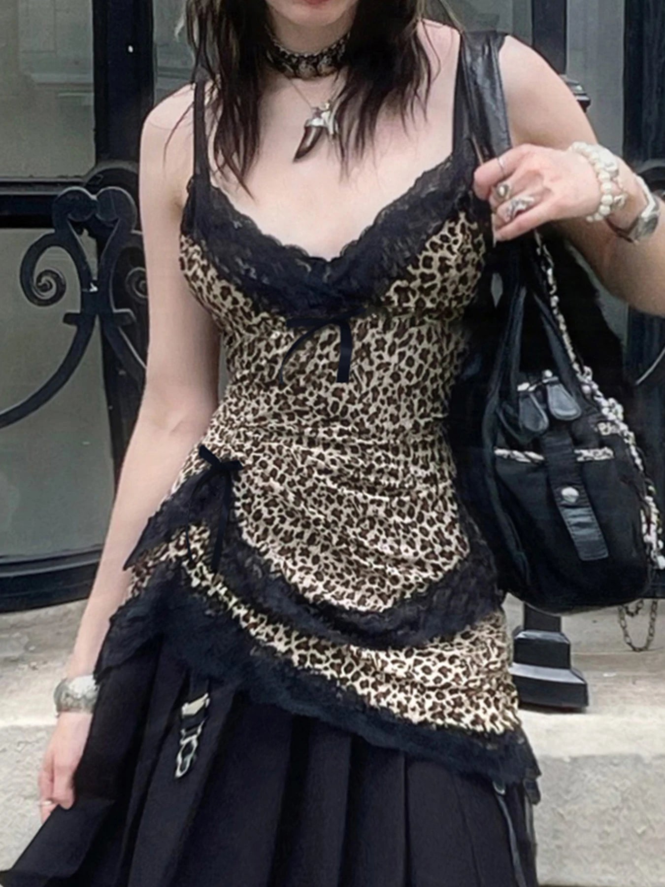 Lace Patchwork Camisole Leopard Print Backless Top V-neck Sleeveless Fairycore
