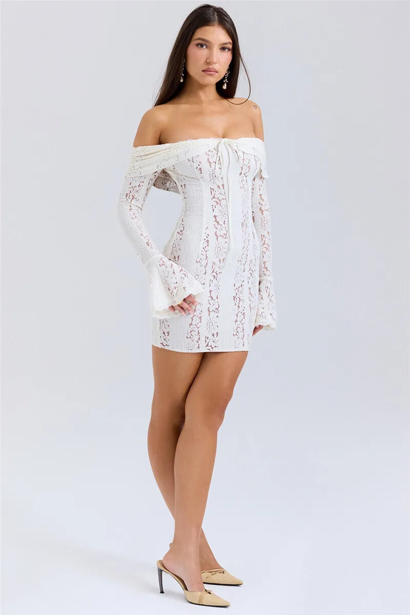 Lace Off-shoulder Maxi Dress Strapless Backless Long Sleeve Bodycon Evening Long Dress