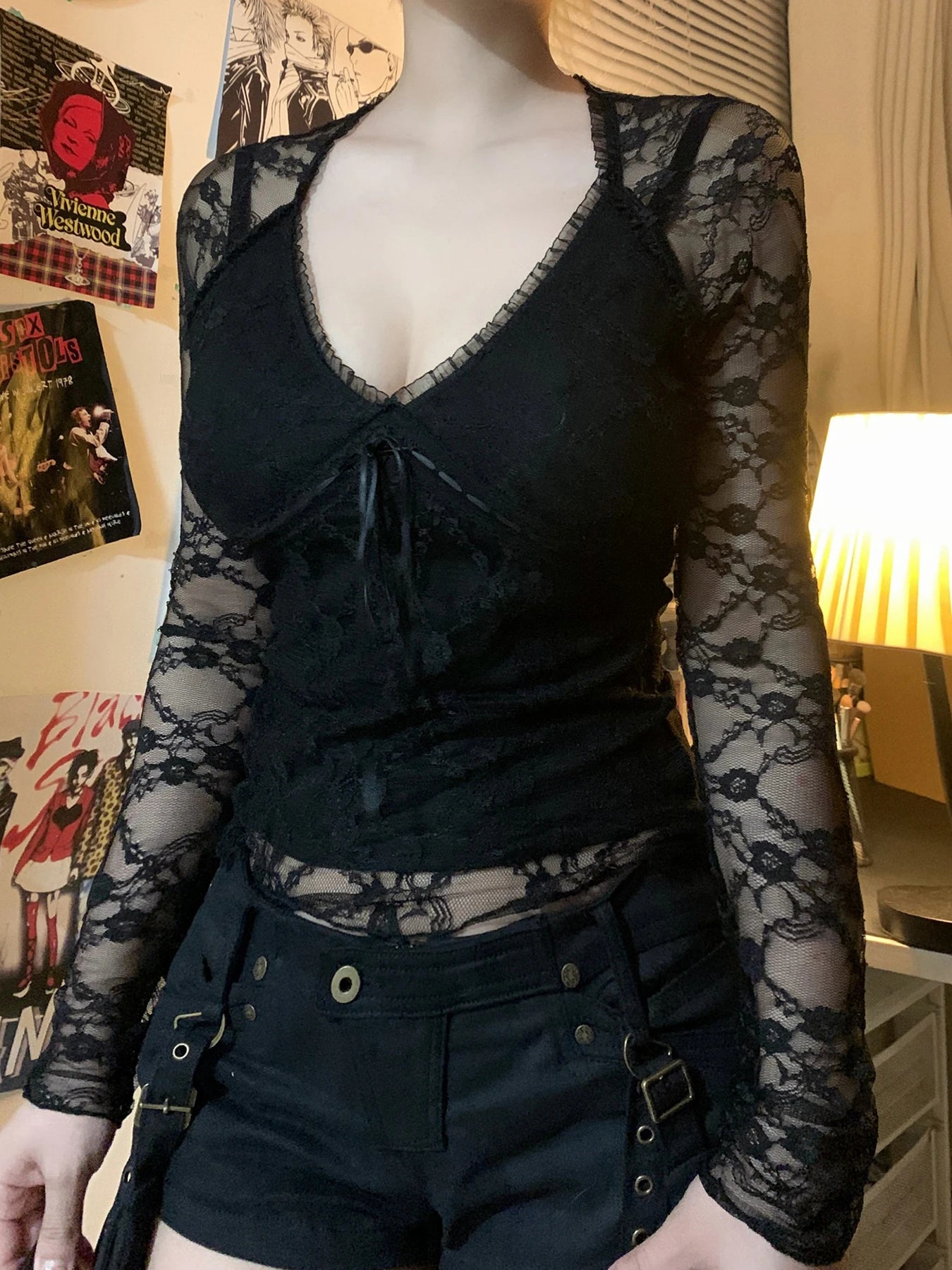 Lace Patchwork Long Sleeves Slim Tee Shirts V-neck Bow Black Top