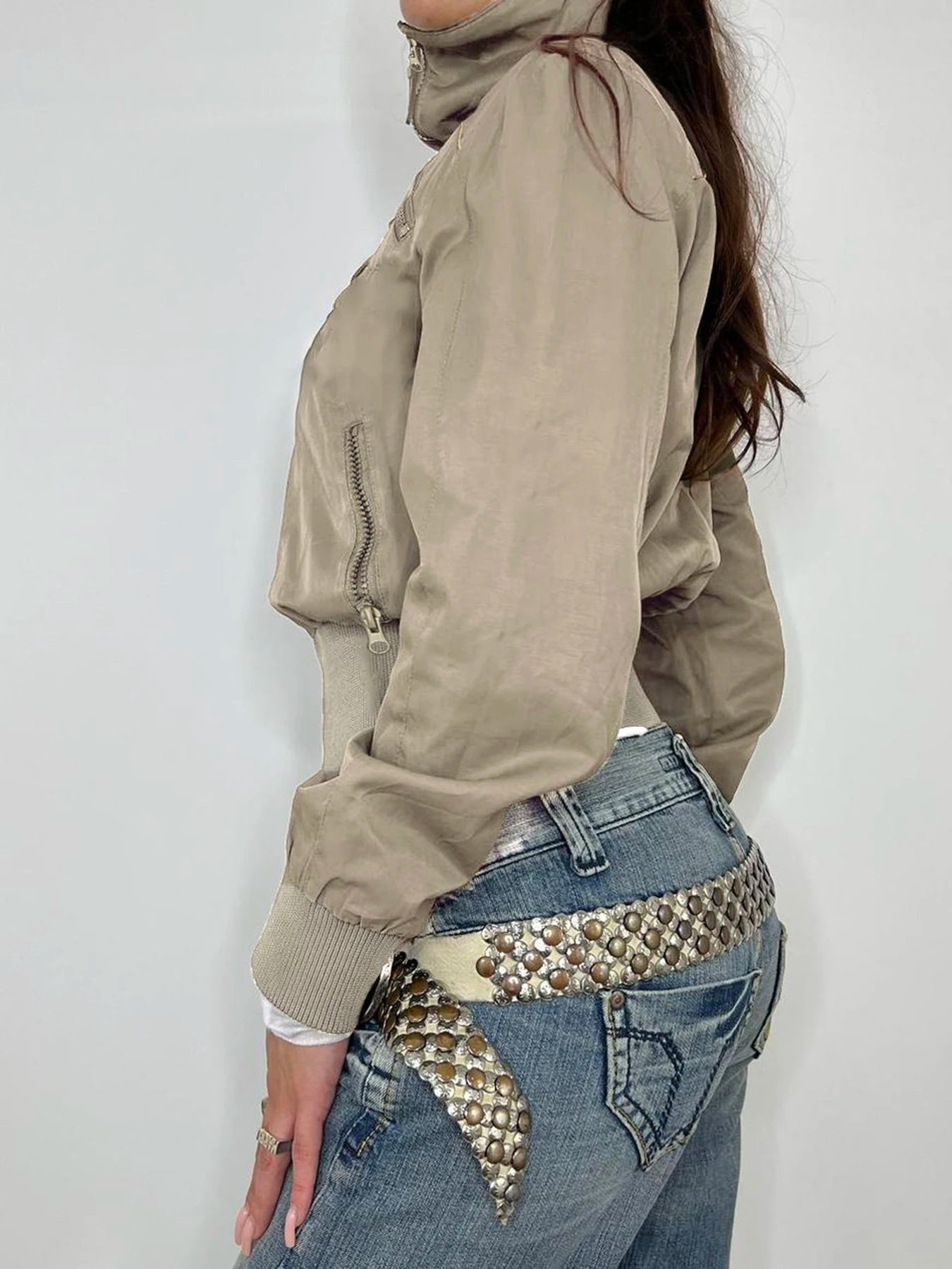 Patchwork Jackets Pockets Turn-down Collar 's Coats Zipper