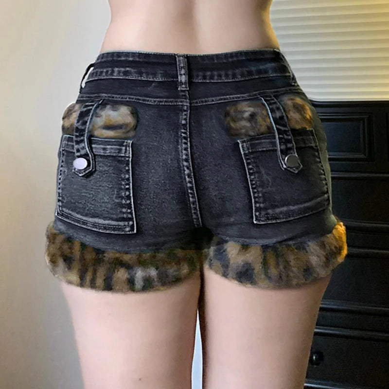 Low Waisted Button Up Mini Shorts Leopard Print Fur Patchwork Bottoms
