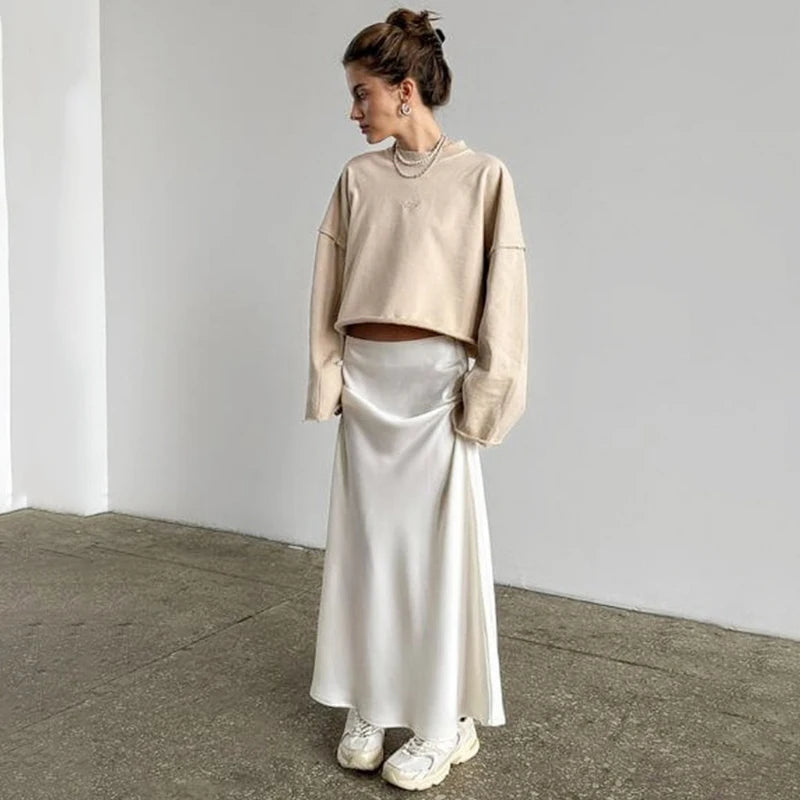 Solid Color Long Skirt Satin Bodycon Skirt High Waist Office Skirts