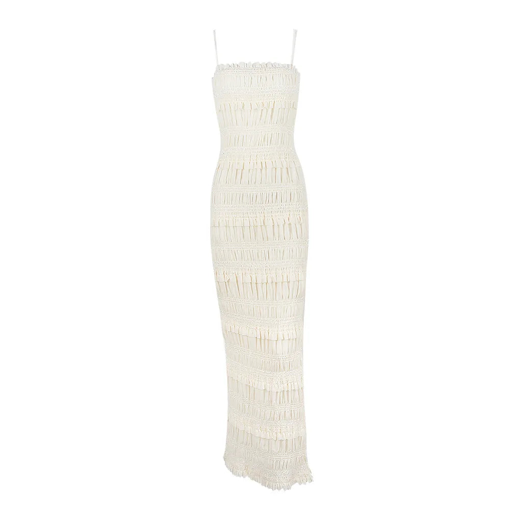 Maxi Spaghettt Strap Wed Bride Dress Formal Occasion Beige Slim Even Dress