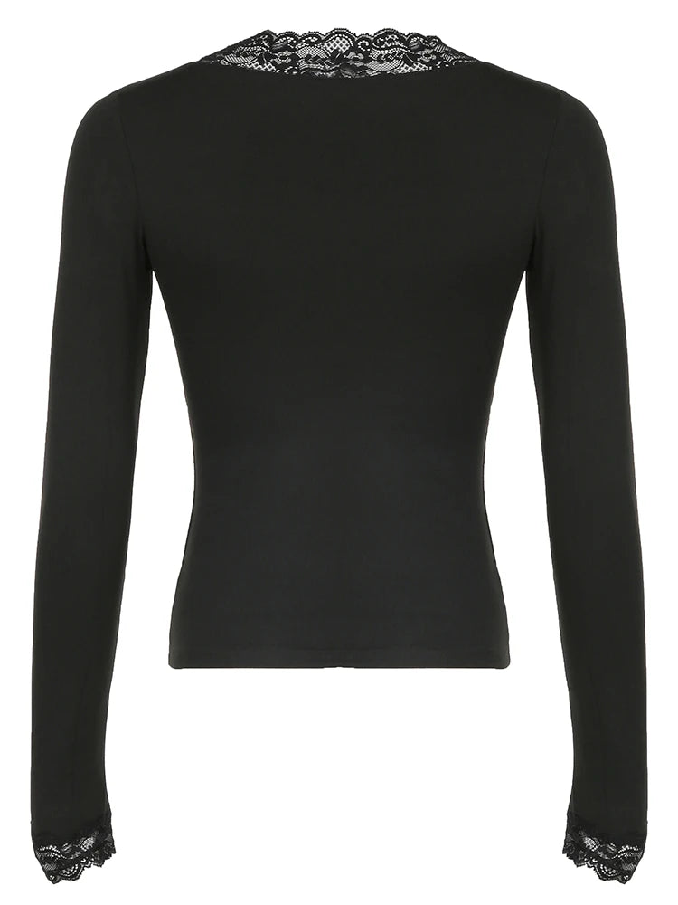 Lace Patchwork Slim Tee Shirt Long Sleeve V-neck Black Top