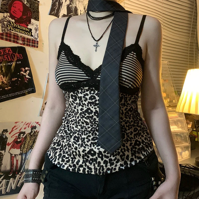 Striped Leopard Print Slim Camisole V-Neck Backless Top Lace Patchwork Retro Bow Vest