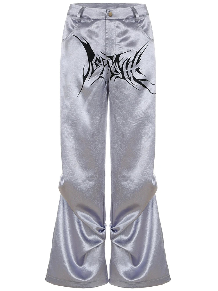 Satin Button Loose Pants 's Trousers Print Grunge
