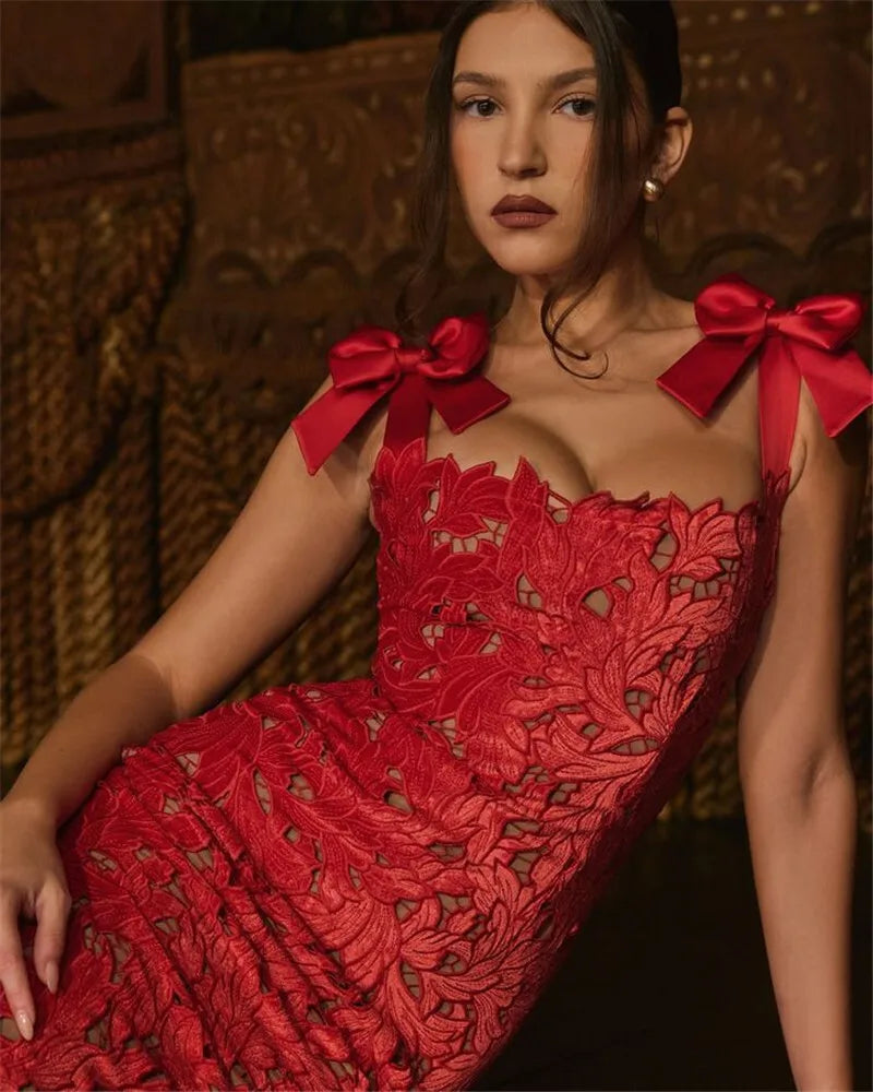 Bows Lace Maxi Dress Sleeveless Backless Bodycon Year Long Dress