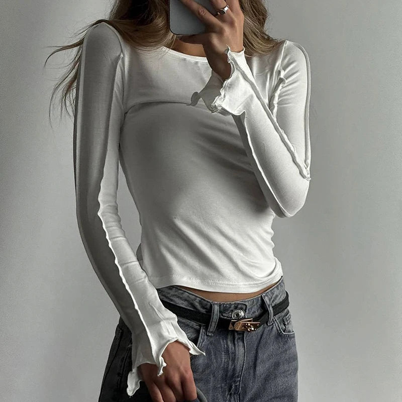 Irregular Flare Long Sleeve O Neck Slim Fit T-Shirt Revere Side Out Deign Top