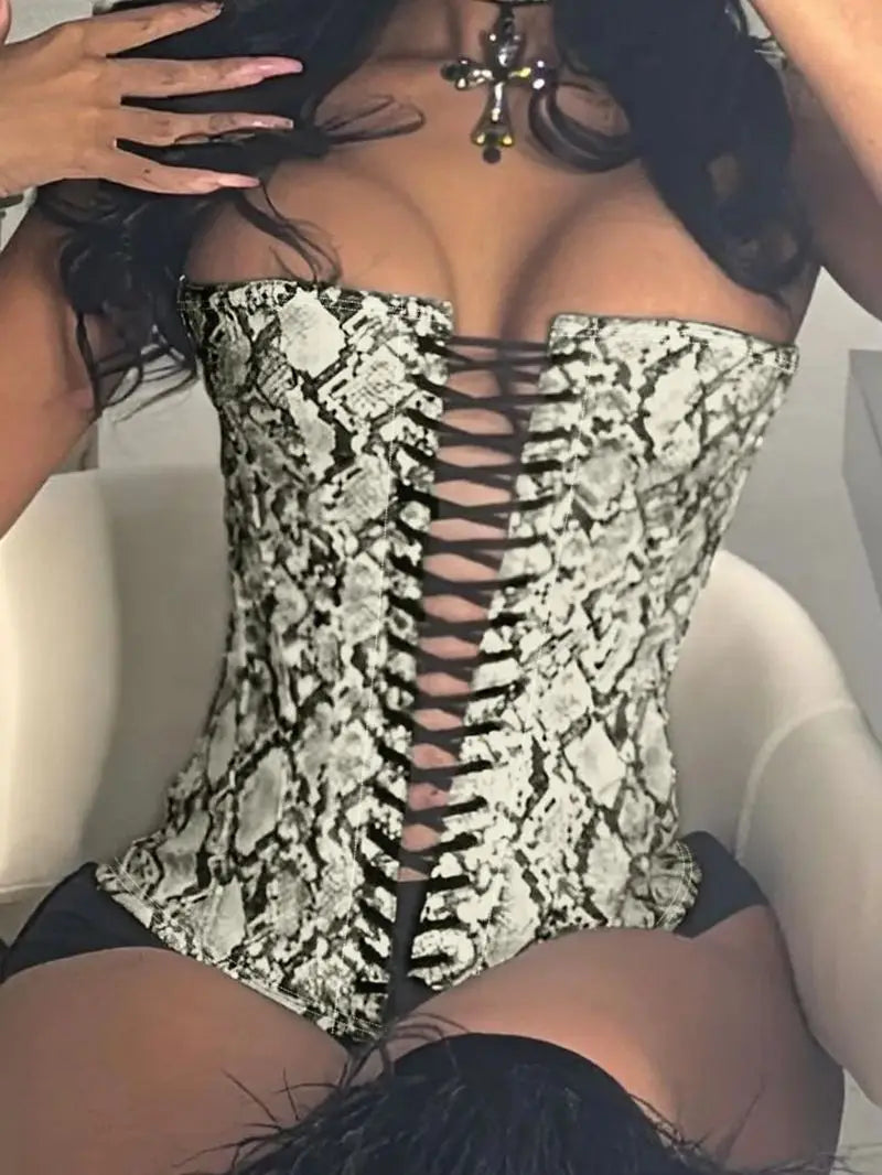 Off Shoulder Snake Print Tube Top Lace-up Bustiers Backless 's