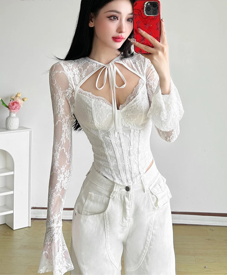 Lace Long Sleeve T-hirt Slim Cleavage T-hirt