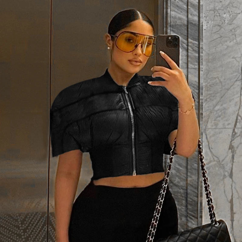 Short Sleeve Zipper Thick Cotton Coat Crop Top