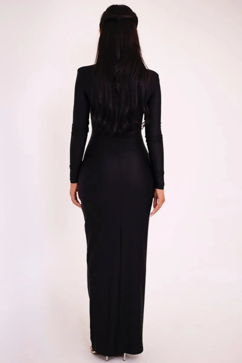 Hollow Out Long Sleeve Maxi Dress Solid Color Slim Fit Cut Out Long Dress