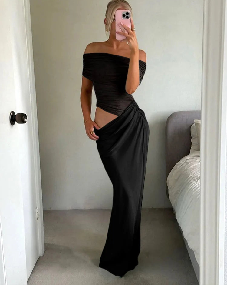 Ruched Irregular Dress Mesh Patchwork Slash Neck Short Sleeve Skinny Stretch Long Bodycon