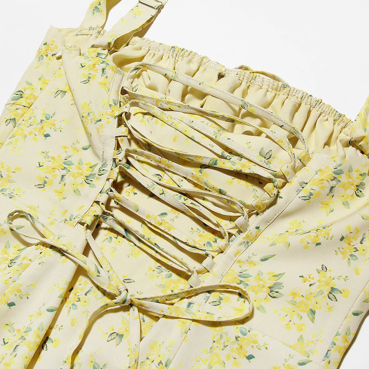 Floral Dress Midi Spaghetti Strap Lace Up Dress A Line