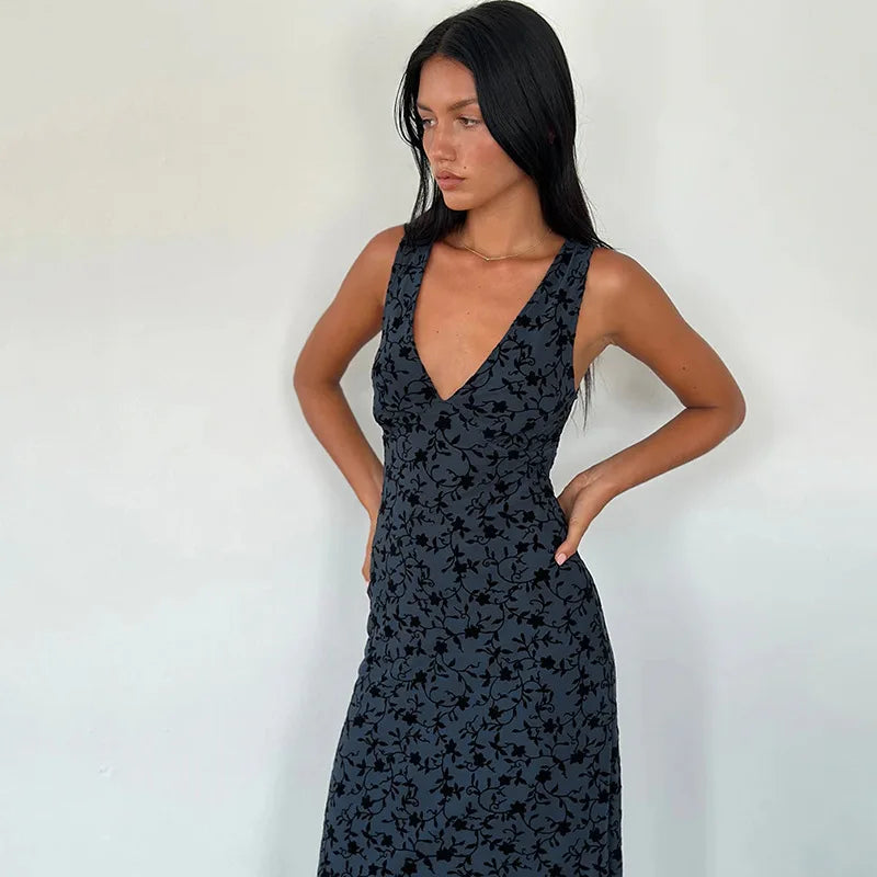 Printed Deep V Long Dress Floral Contrast Color Sleeveless Waist Slim Dress Long Dress
