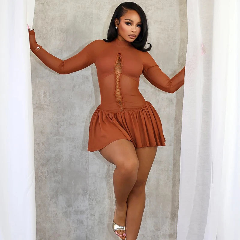 See-Through Hollow Out Meh Patchwork Round Neck Pullover Lace-Up Long-Sleev Hip Mini-Dress