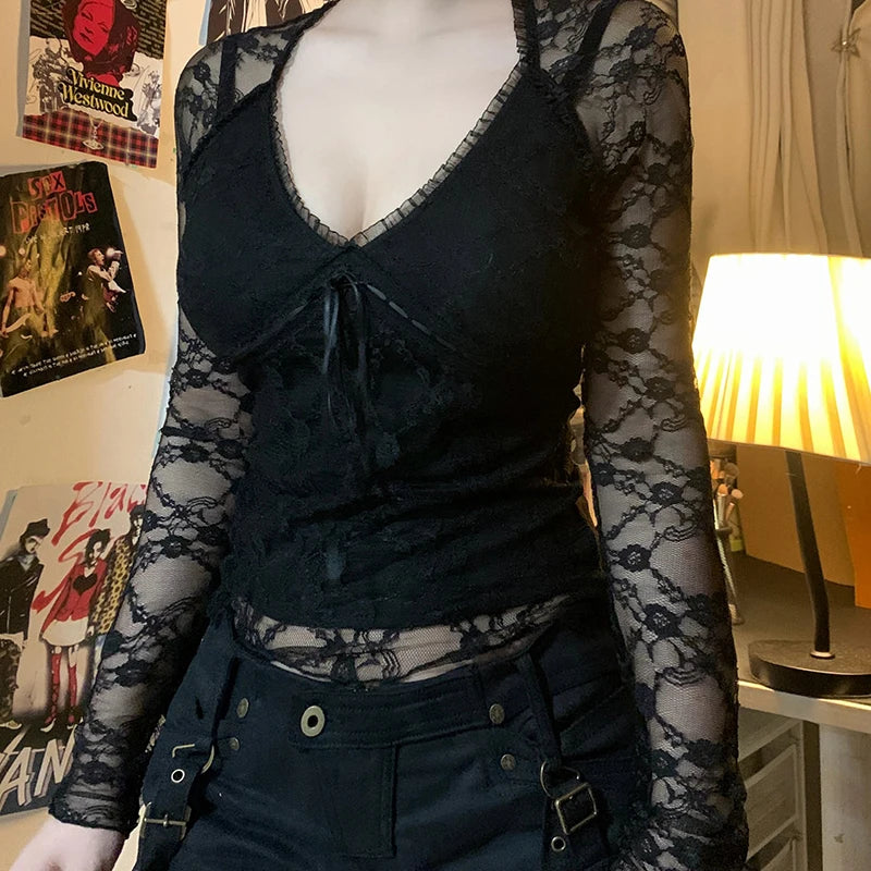 Lace Patchwork Long Sleeves Slim Tee Shirts V-neck Bow Black Top