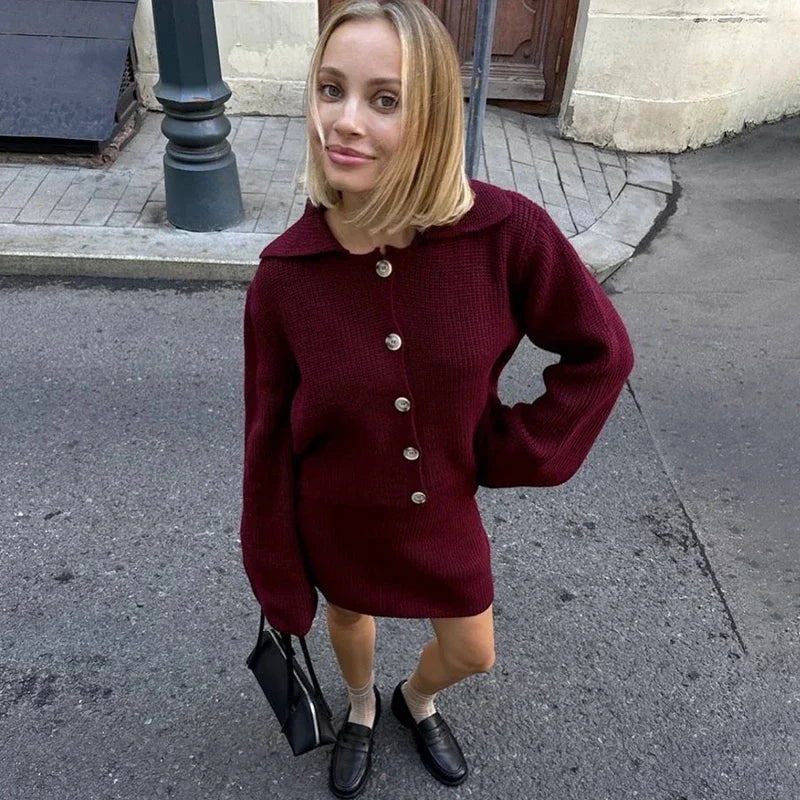 Knitted Suit Lapel Flare Sleeve Cardigan Skirt Solid Slim Sweater Two Piece Sets