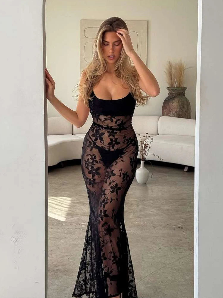 Embroidery Lace Dress Claic Coquette U-neck Cleavage See Through Sleevele Maxi Bodycon