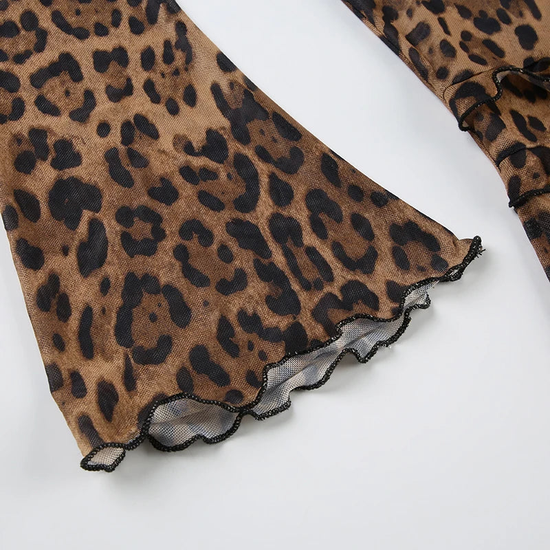 Leopard Meh Ruch Tee Shirt Lace-up Long Sleeve Brown