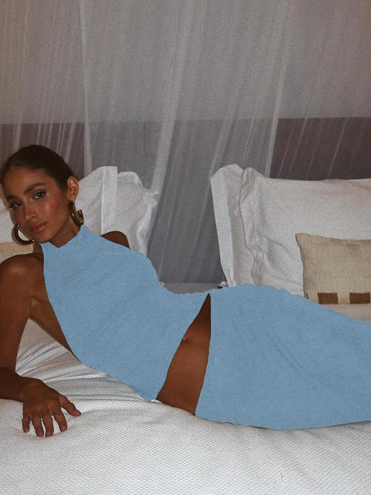 Hollow Two Piece Set Halter Swing Collar Backless Crop Top Long Skirt Matching