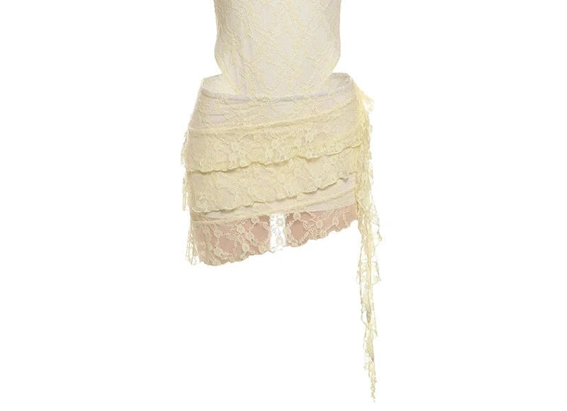 Two Piece Low-Neck Sleeveless Bodysuits Ruched See Through Tassel Skirt Suits