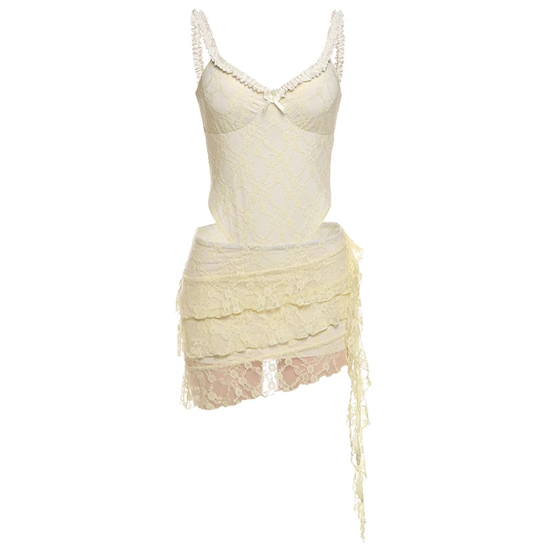 Two Piece Low-Neck Sleeveless Bodysuits Ruched See Through Tassel Skirt Suits