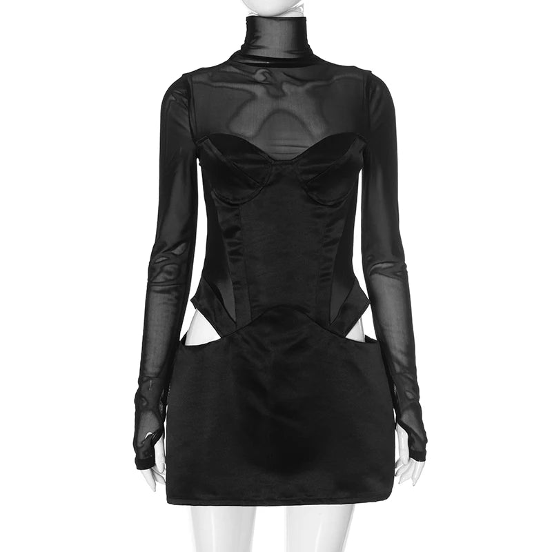 Mesh Patchwork High Neck Slim Hollow Cut Long Sleeve Package Hip Short Dress