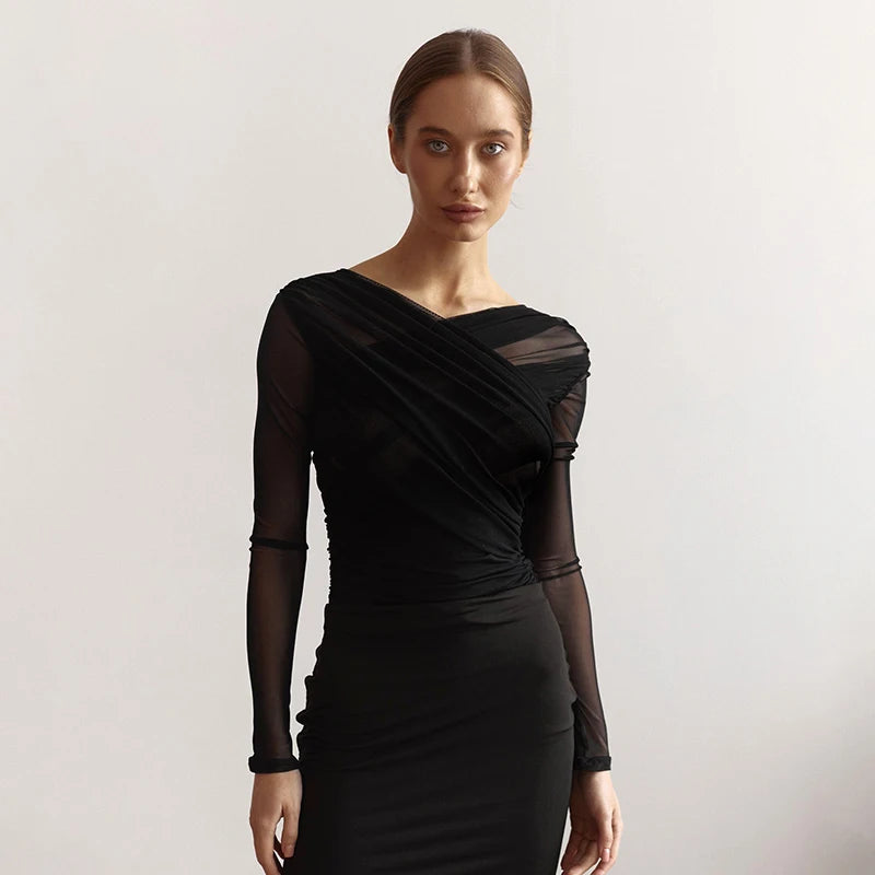 Cross Neck Crop Top Solid Color Mesh See Through Pleat Long Sleeve T-Shirt