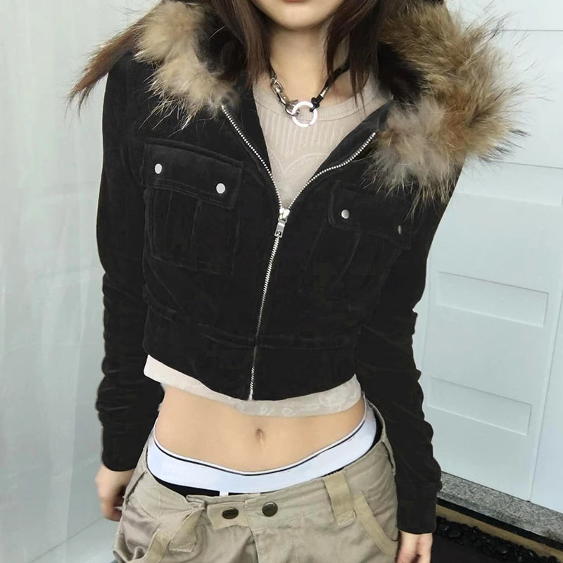 Pockets Fur Collar Short Jackets Zip Up Hoodies Coats