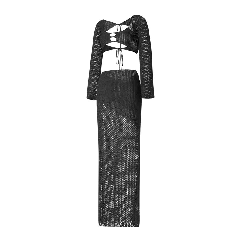 Crochet Knit 2 Piece Skirt Set Hollow Out Crop Top Long Sleeve Backless Tie Up Bodycon Dress