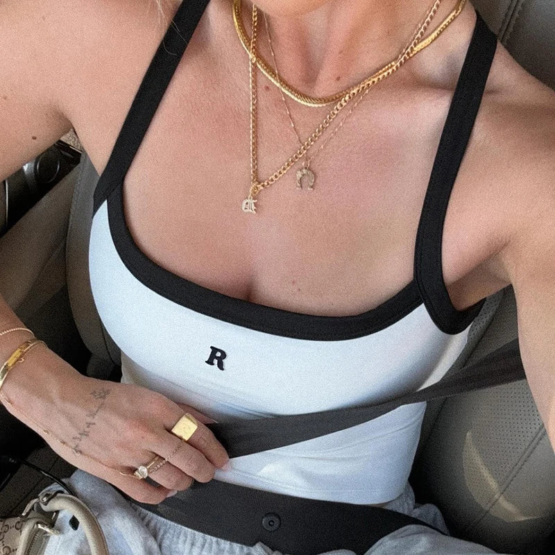 Letter Embroidery Camisole Backless Sleeveless 's Top Shirts