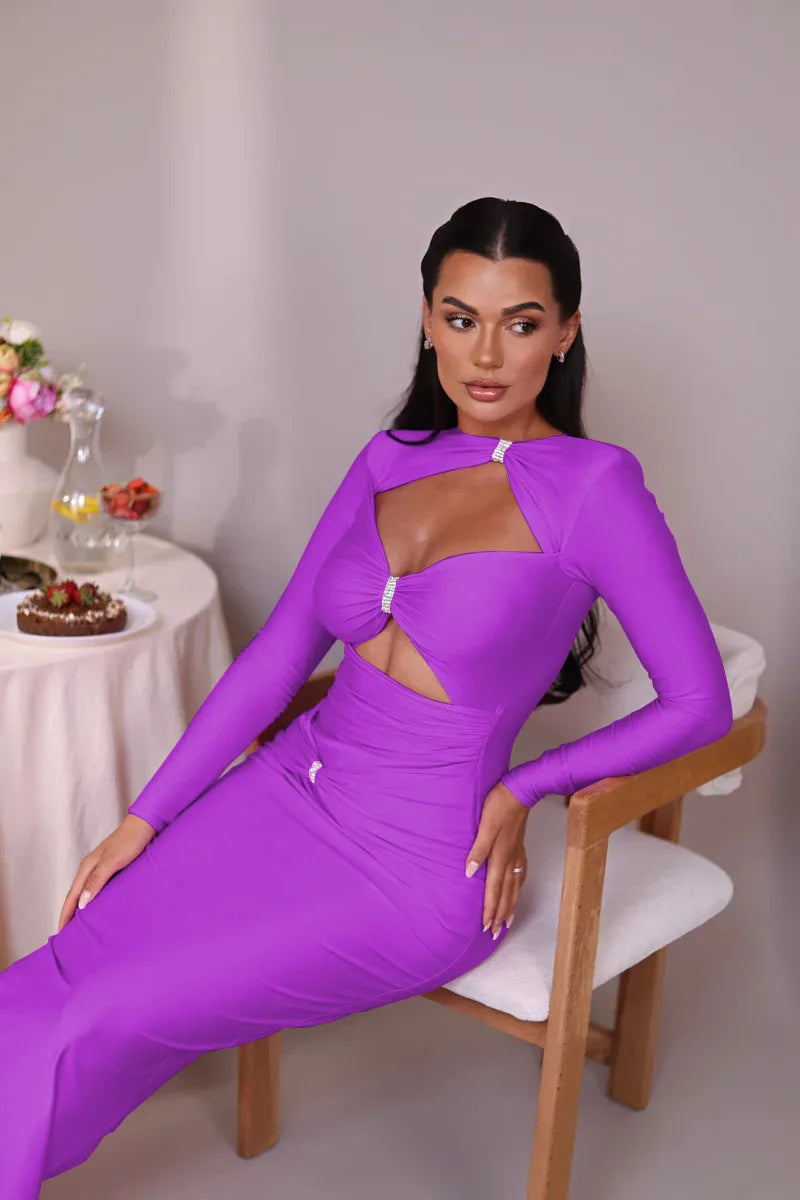 Hollow Out Long Sleeve Maxi Dress Solid Color Slim Fit Cut Out Long Dress