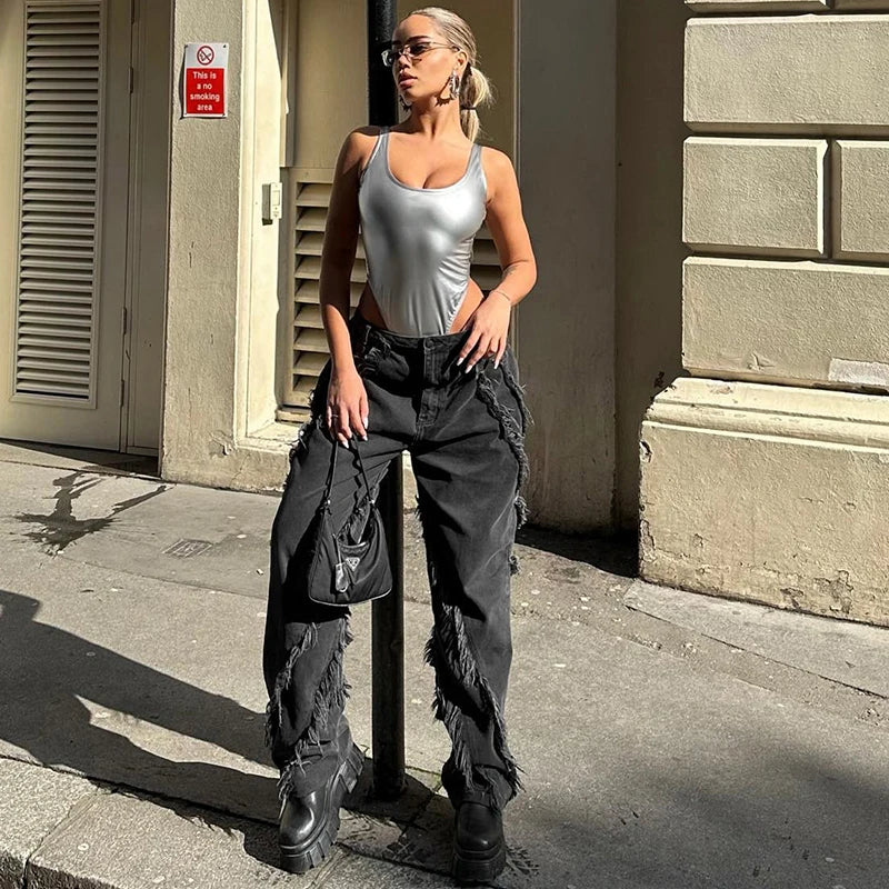 Silver Square Neck Backless Vest Bodysuit tie Nightclub Versatile Bodysuit