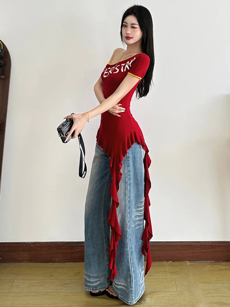 Incline Shoulder Letter T-hirt Ruffle Splice Tael Tee Top