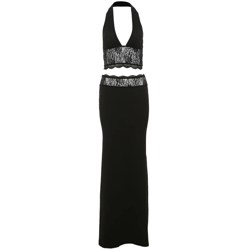 Halter Mesh Patchwork Backless Set
