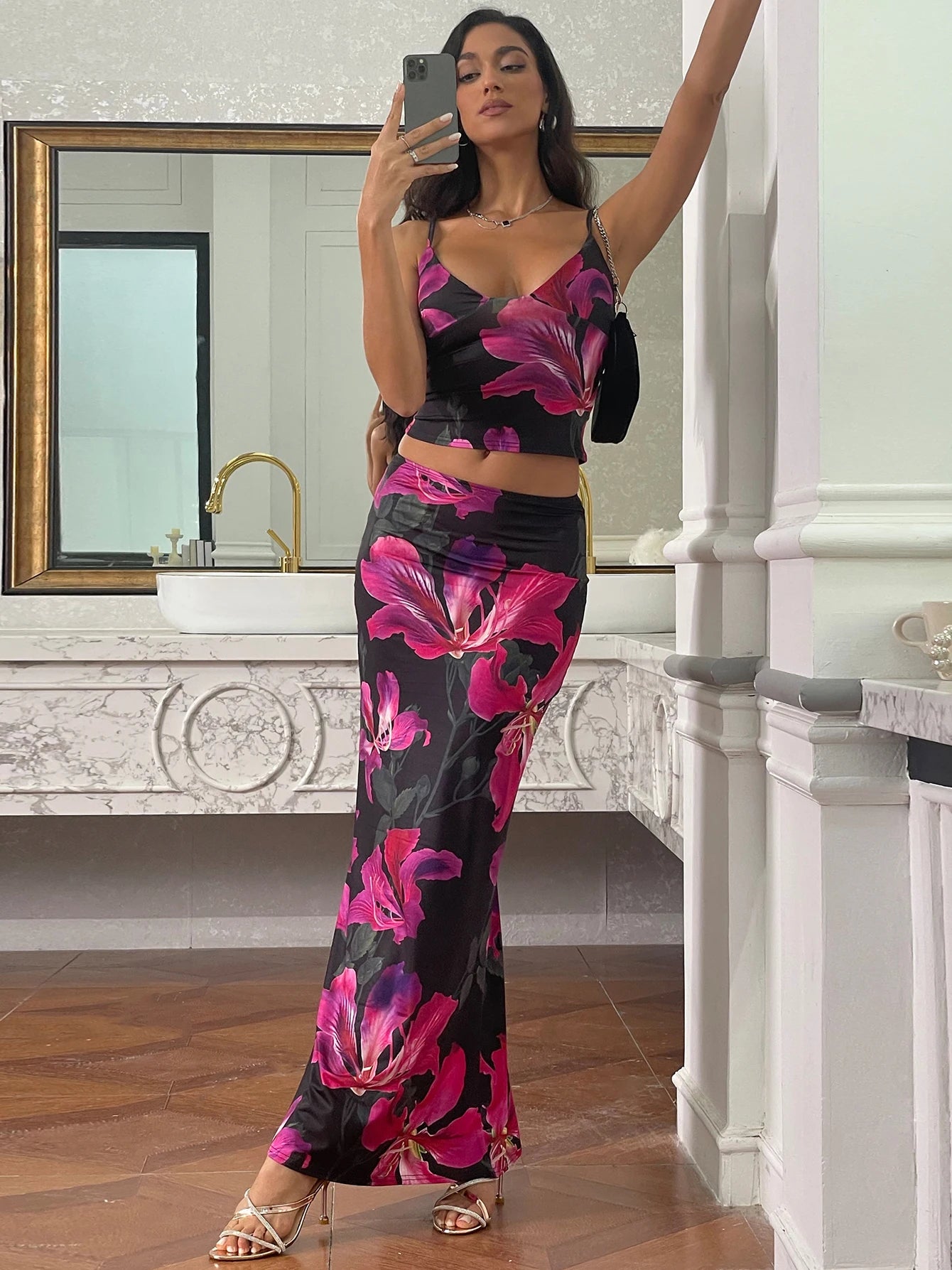 Matching Suit Floral Top Midi Skirt Set