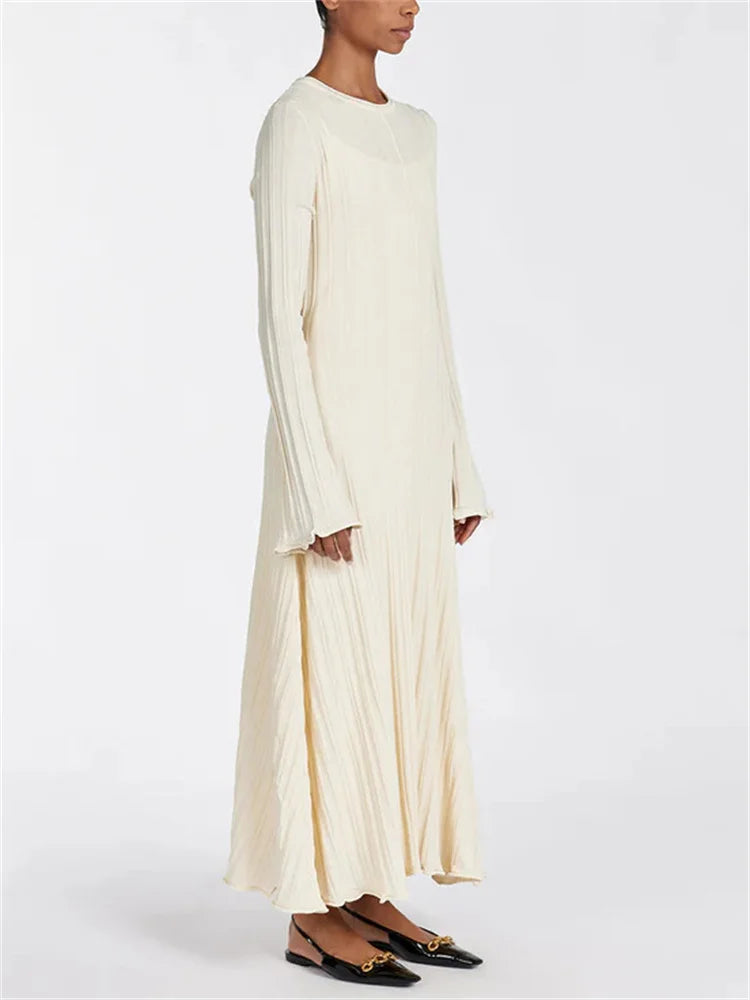 Knit Loose Maxi Dress Lace-Up High Waist Ribbed Long Sleeve Dress Knit Long Dress