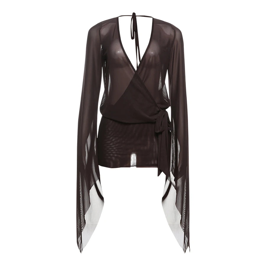 Mesh Dress Cross Low-Neck Backless Flare Sleeve Coquette Bodycon