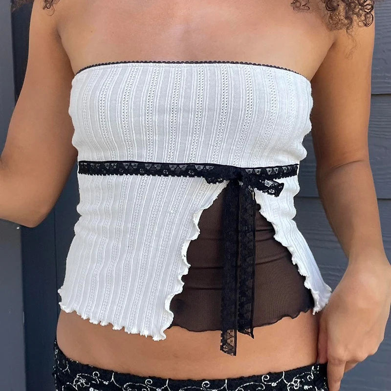 sweet Bow Crop Top Lace Patchwork Strapless Vests Sleeveless Slim Camis
